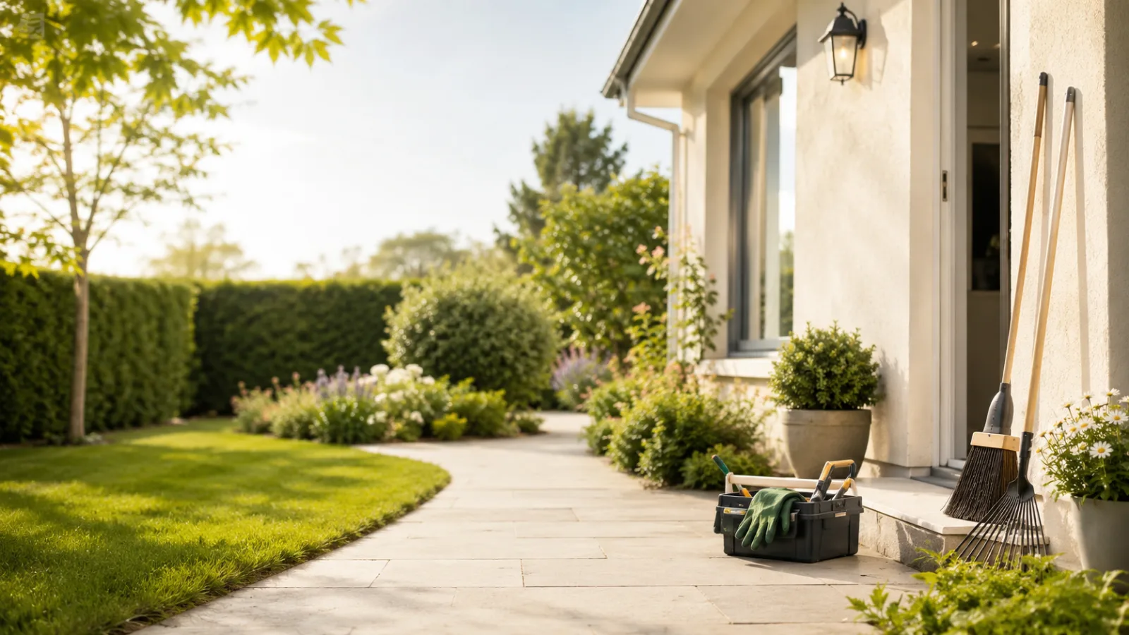 Hauseingang mit Garten an einem sonnigen Tag
