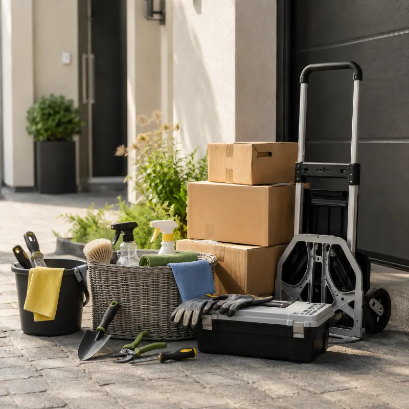 Reinigungs- und Arbeitsmaterial vor einem Hauseingang
